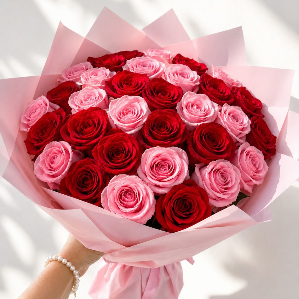 Imagen referencial generada con IA de Ramo de 30 Rosas Rojas con Rosadas Naturales