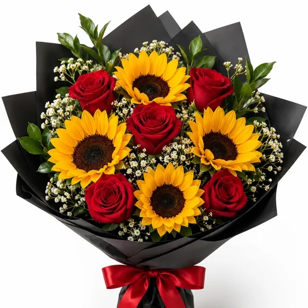 Ramo de 5 Rosas y 4 Girasoles más Follaje del Día