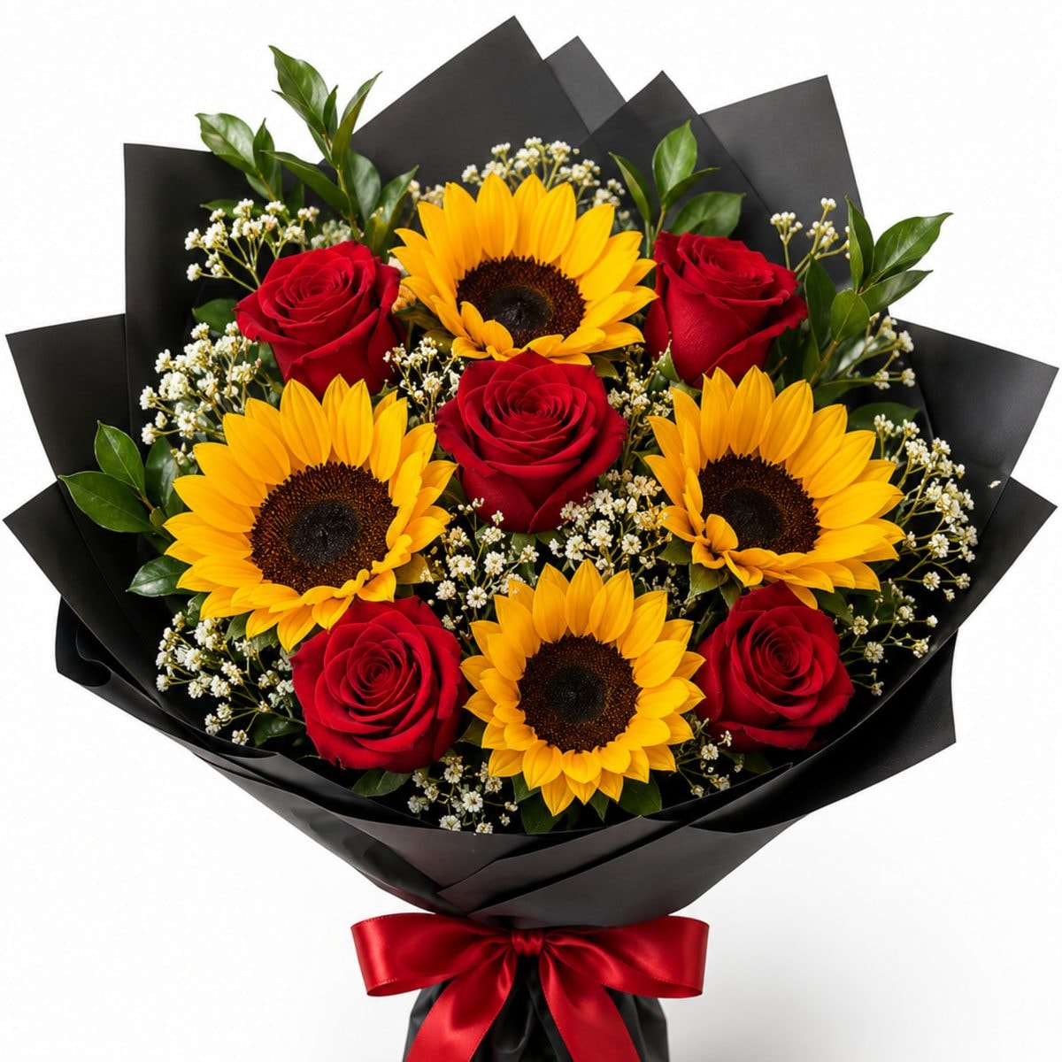 Imagen referencial generada con IA de Ramo de 5 Rosas y 4 Girasoles más Follaje del Día