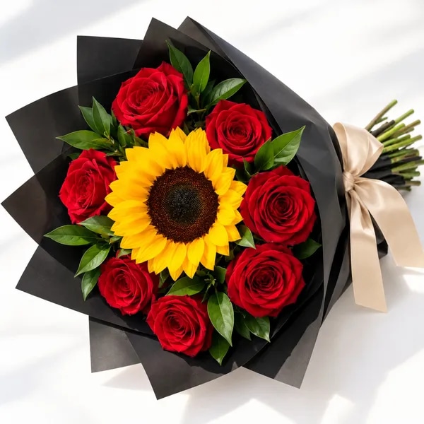 Ramo de 7 Rosas Rojas más 1 Girasol
