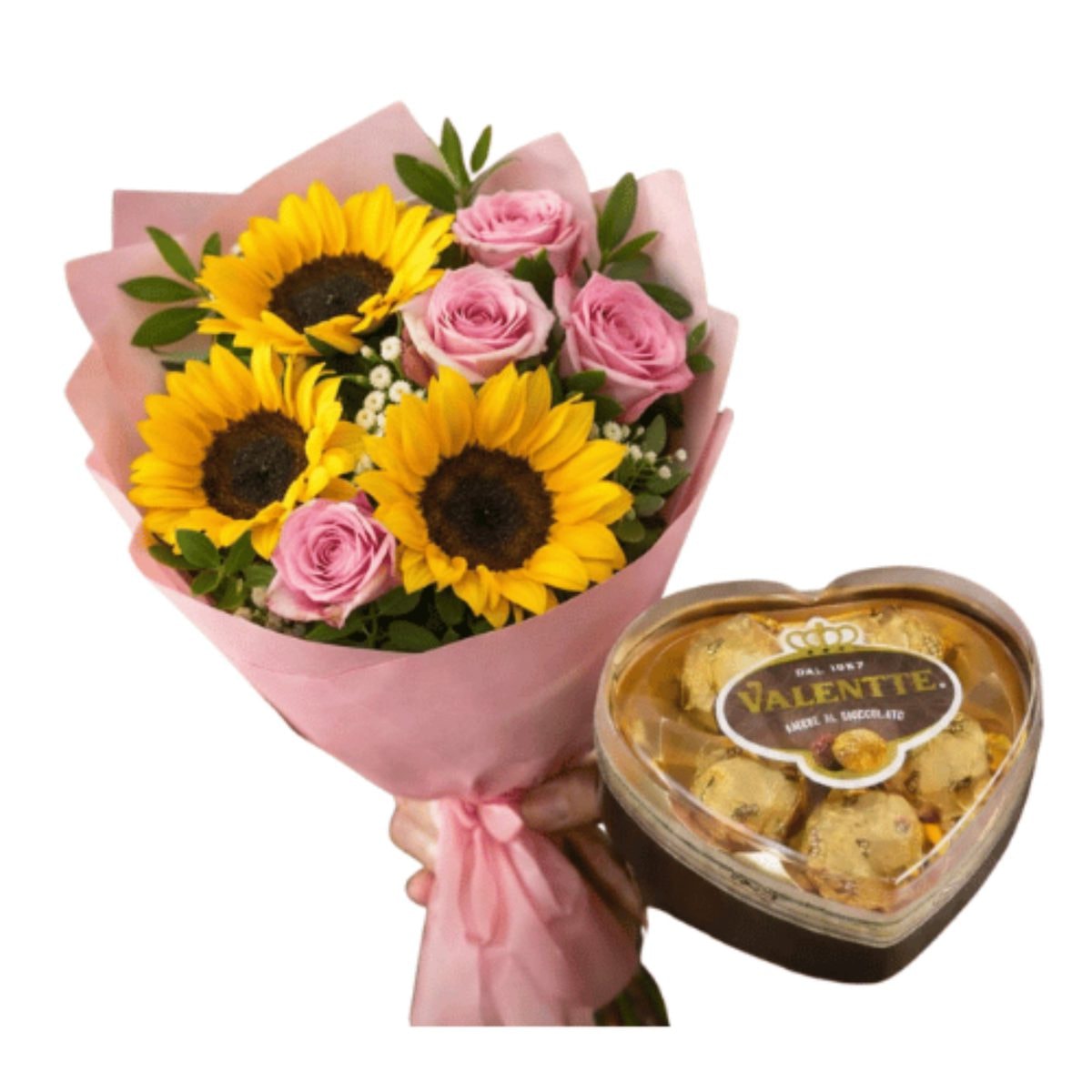 Imagen referencial generada con IA de Ramo de 5 Rosas Rosadas con 3 girasoles & chocolate T5