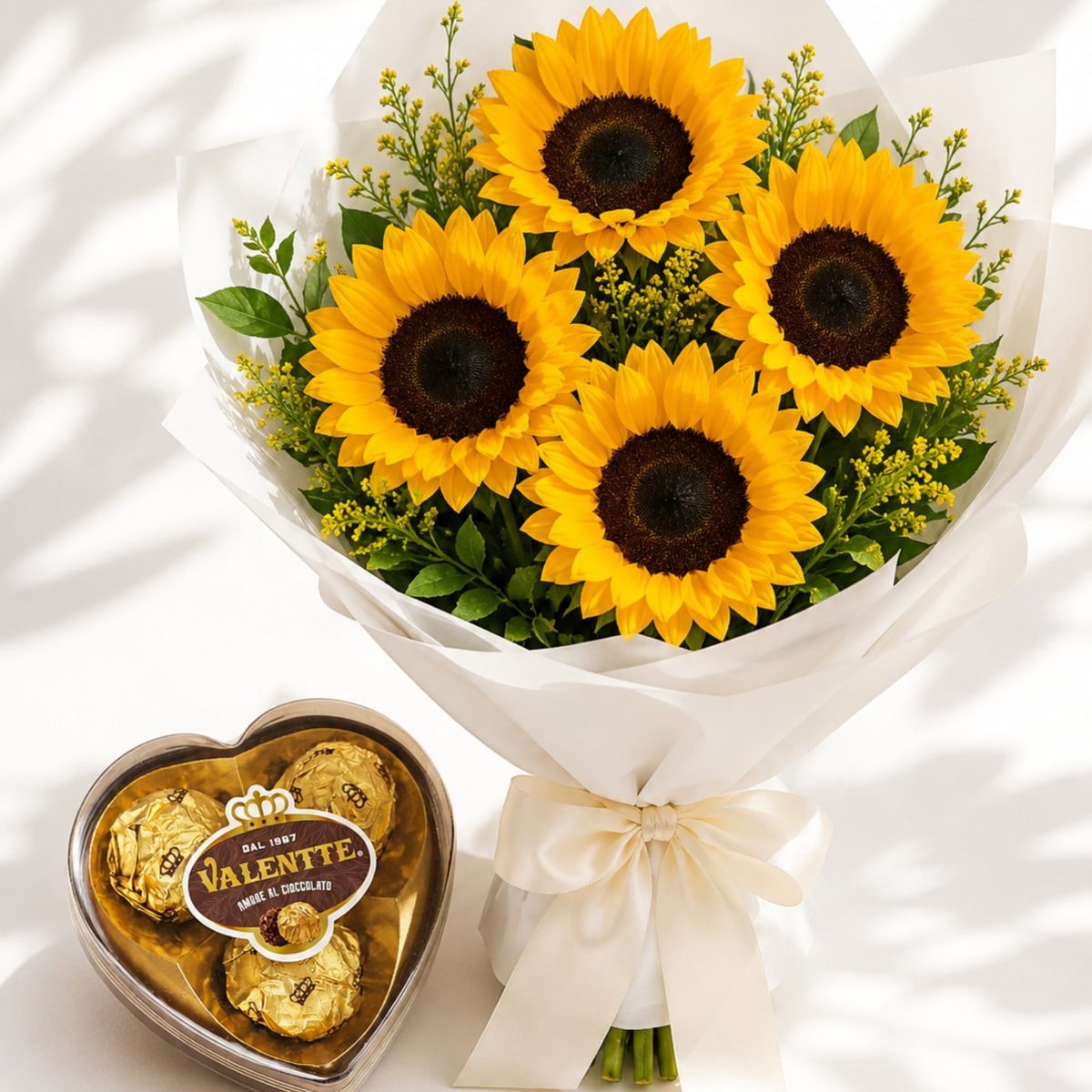 Imagen referencial generada con IA de Ramo de 4 girasoles & Chocolate T3