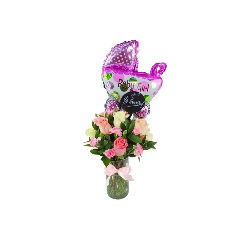 Ya llegué niña - Florero con rosas rosado, damasco, blanco y miniclaveles