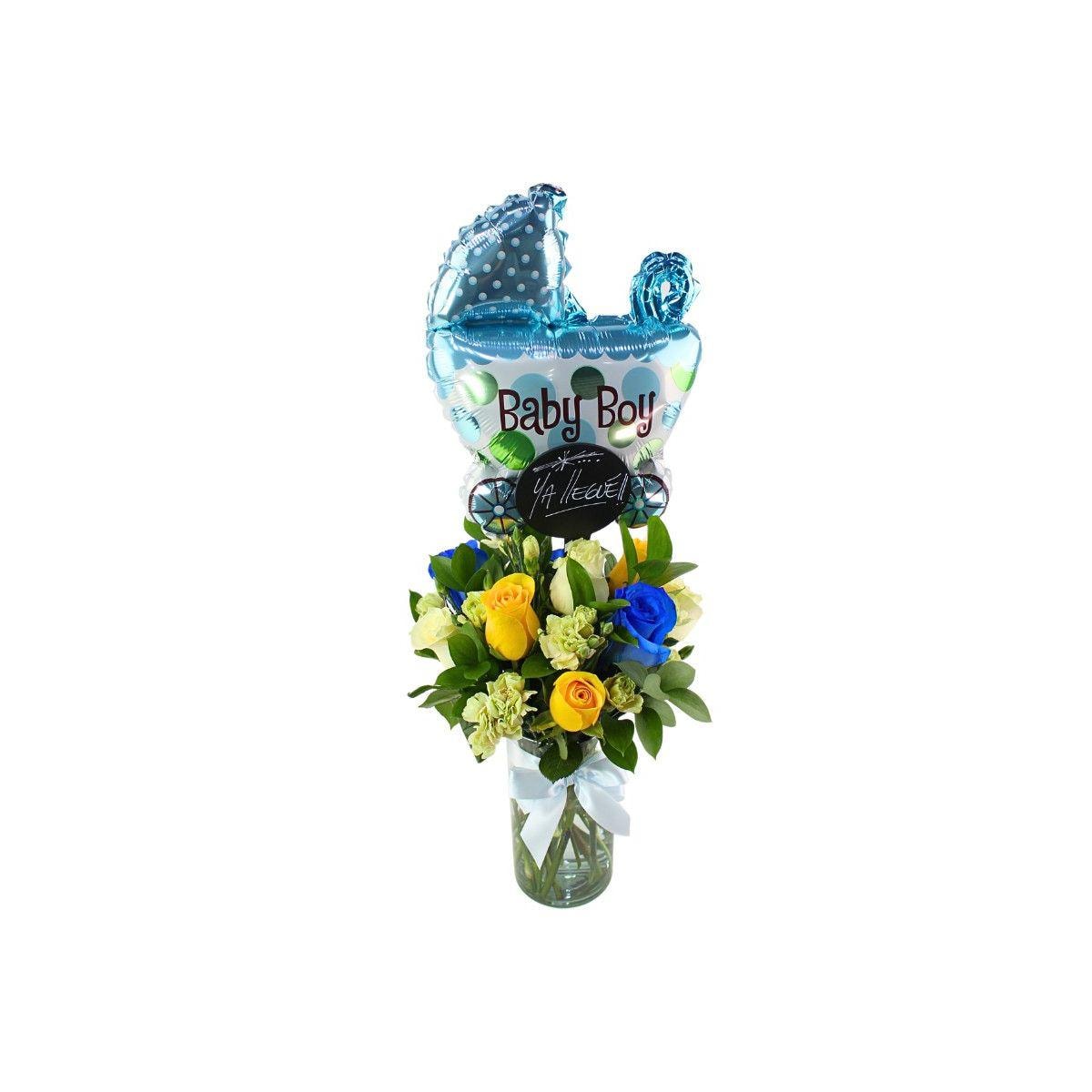 Ya llegué niño - Florero con rosas azul, blanco, amarillo y miniclaveles - Imagen 1