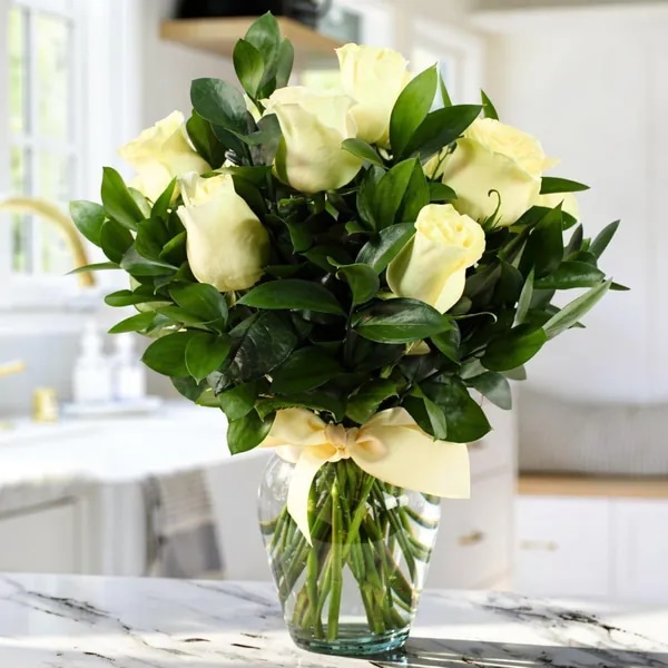 Amparo en Ánfora - Florero 12 rosas ecuatorianas blanco