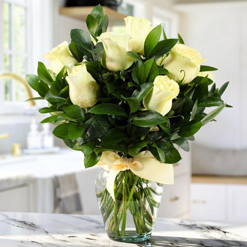 Amparo en Ánfora - Florero 12 rosas ecuatorianas blanco - Imagen 1