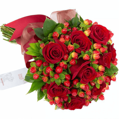 Martina - Ramo de novia con rosas rojas e hypericum