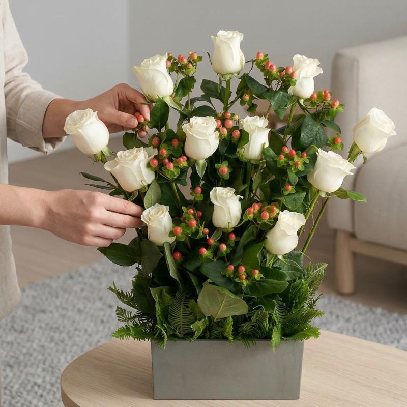 Jardín Rosas Blanco - Arreglo 12 rosas blanco e hypericum - Imagen 2