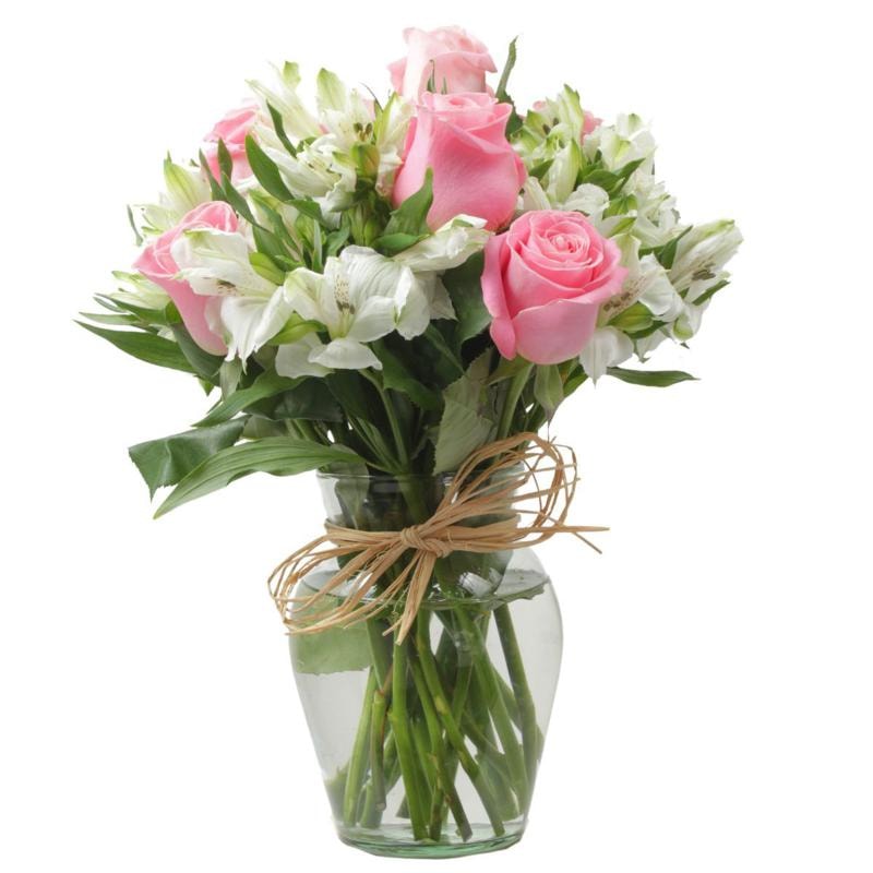Amor Rosado en Anfora con 9 rosas - florero transparente con 9 rosas rosadas y astromelias - Imagen 3