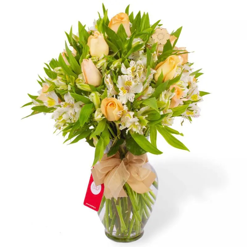 Agustina en Ánfora - Florero 18 rosas damasco y astromelias