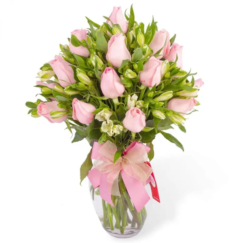 Agustina en Ánfora - Florero 18 rosas rosadas y astromelias
