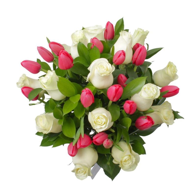 Dominga Rosas Blanco y Tulipanes Fucsia - Arreglo floral - Imagen 4