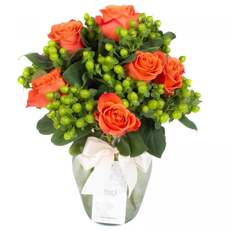 Antonia en Ánfora - florero con 9 rosas naranjo e hypericum