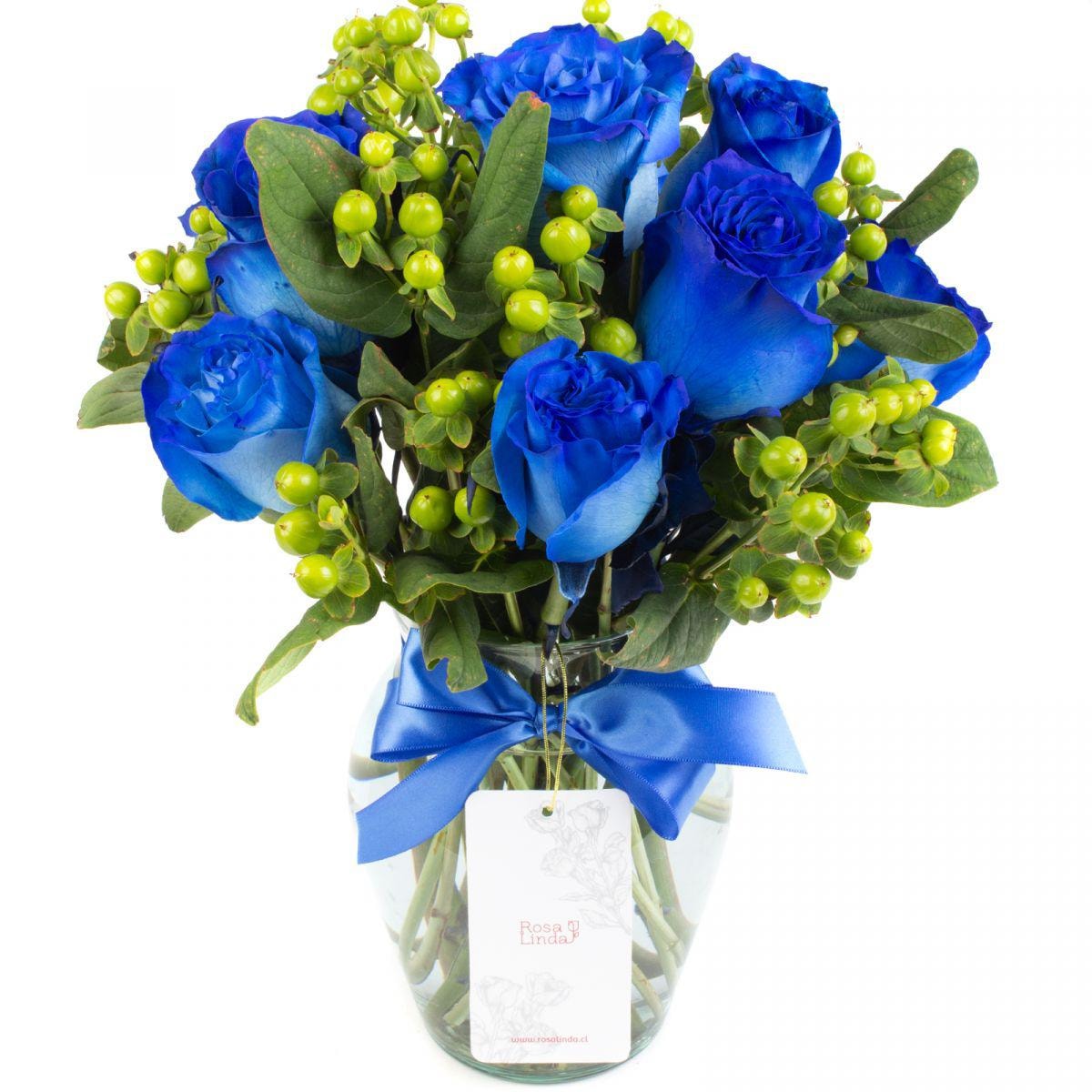 Antonia en Ánfora - florero con 9 rosas azul e hypericum - Imagen 1