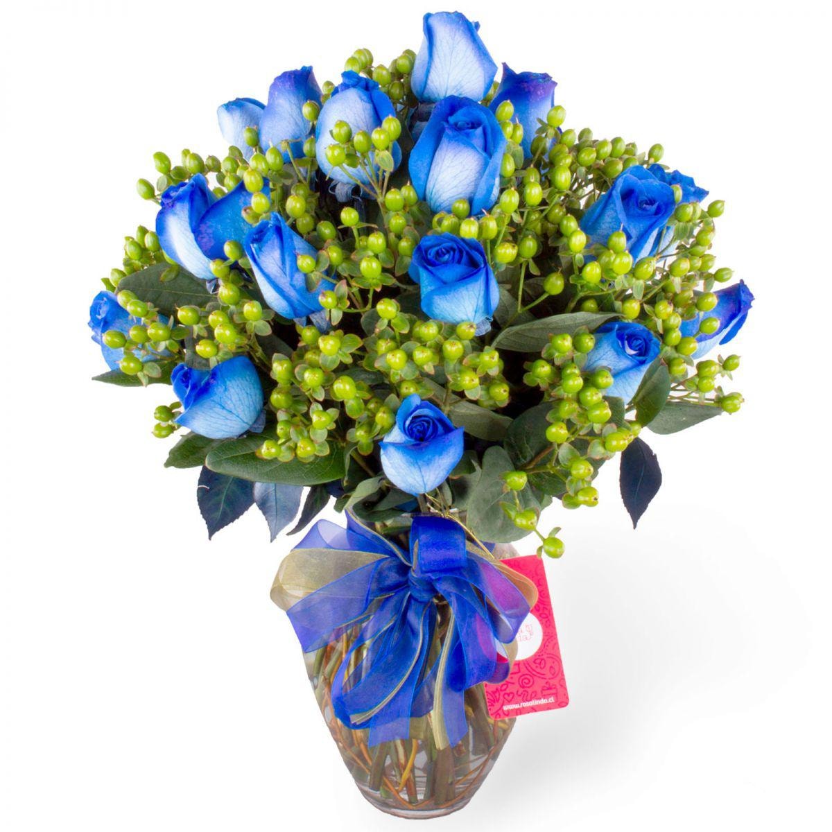 Antonia en Ánfora - florero con 18 rosas azul e hypericum - Imagen 1