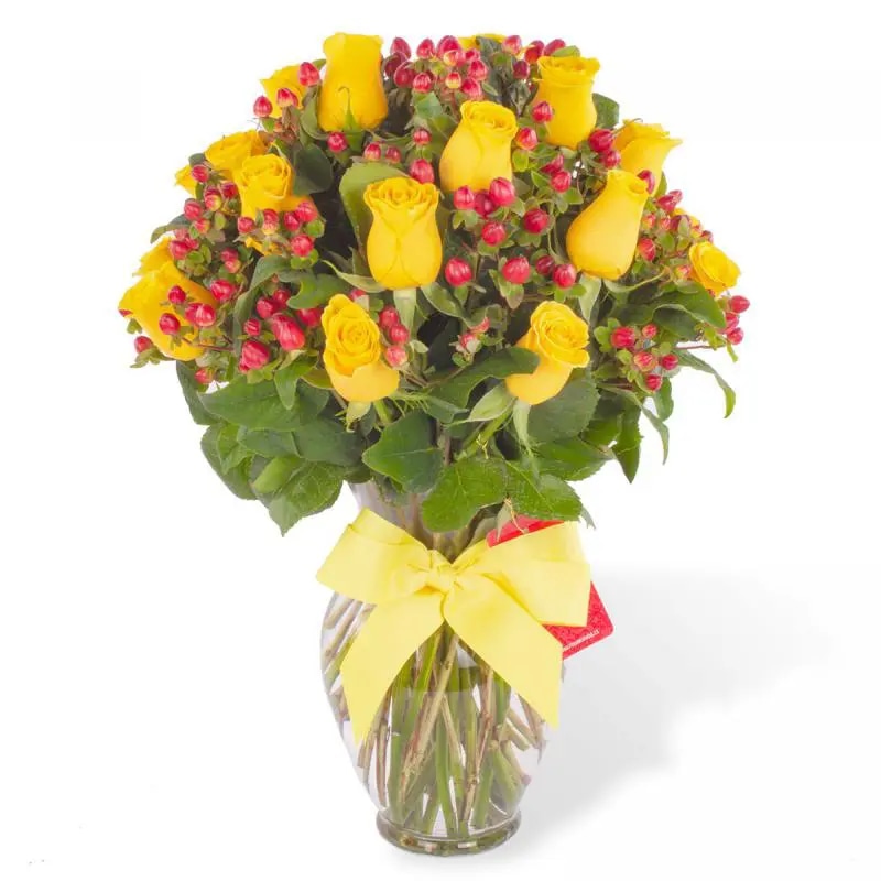 Antonia en Ánfora - florero 18 rosas amarillo e hypericum