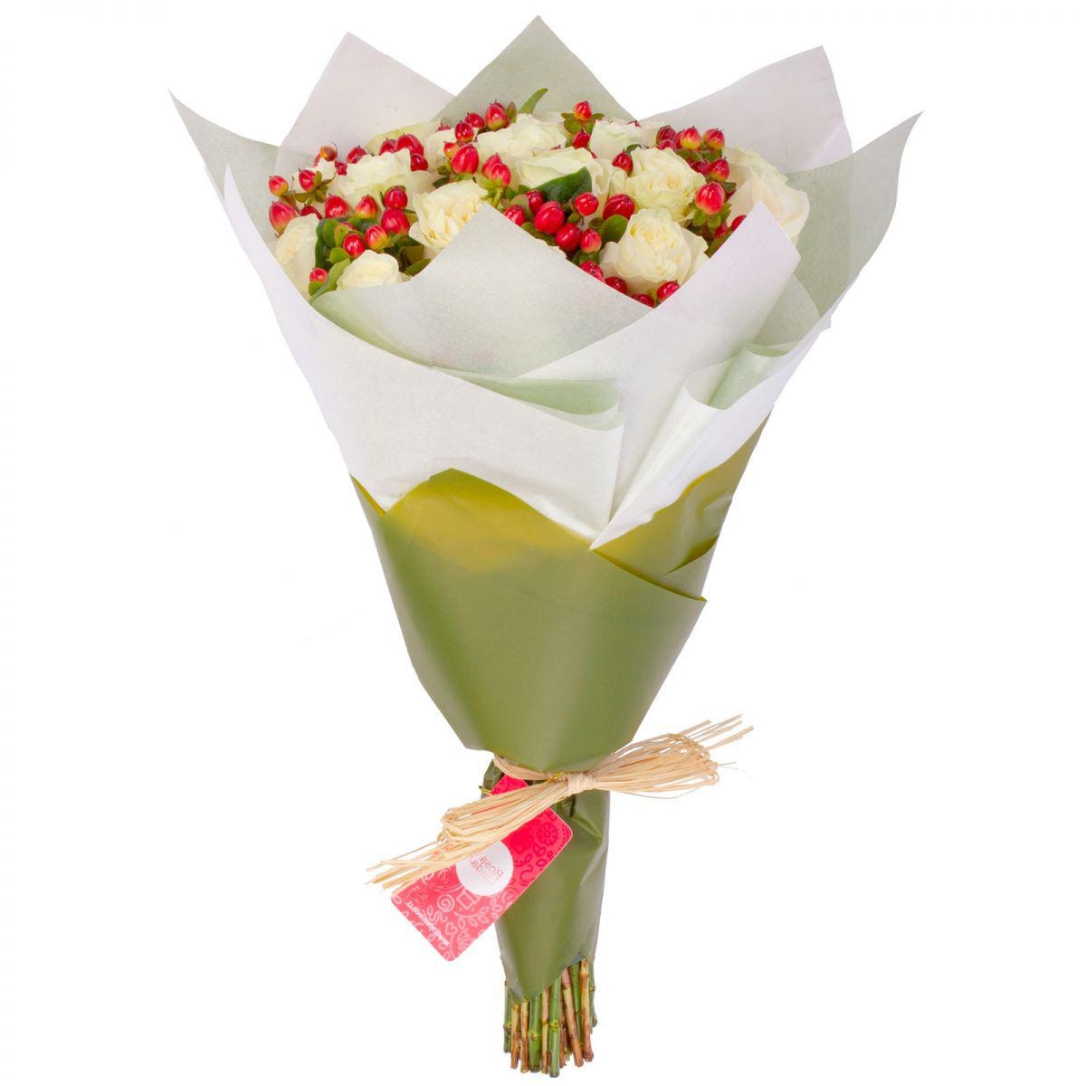 Ramo de rosas con Hypericum - Ramo circular con 18 rosas blancas e hypericum rojo - Imagen 2