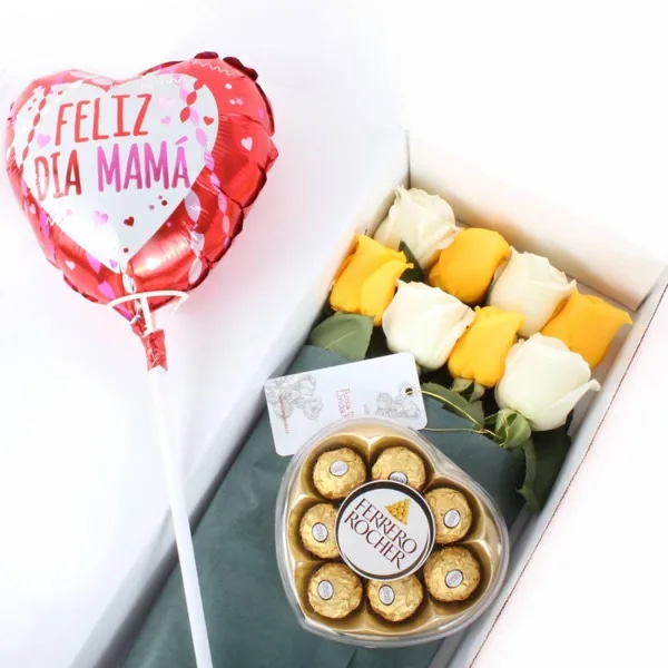 Pack FlowerBox Día de la Madre - Caja con 8 rosas mix amarillo y blanco, Ferrero Rocher corazón 100g y globo Feliz día Mamá
