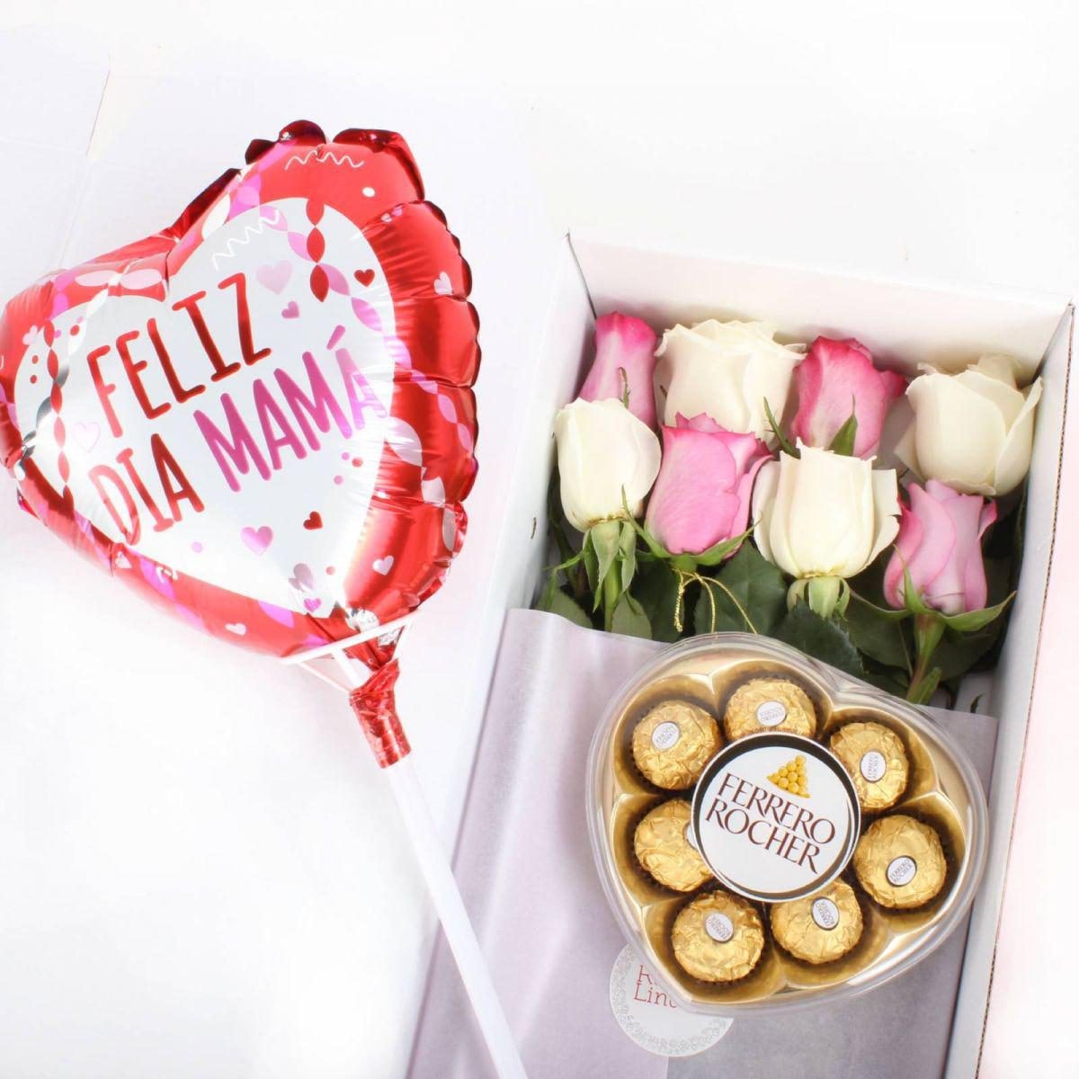 Pack FlowerBox Día de la Madre - Caja con 8 rosas mix lila y blanco, Ferrero Rocher corazón 100g y globo Feliz día Mamá - Imagen 1