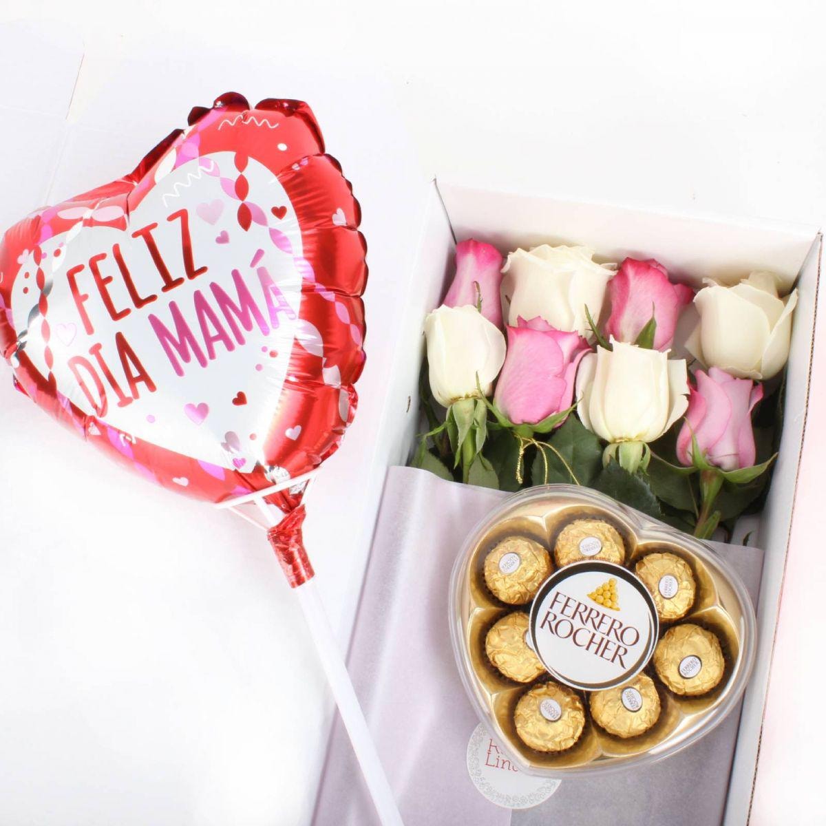 Pack FlowerBox Día de la Madre - Caja con 8 rosas mix lila y blanco, Ferrero Rocher corazón 100g y globo Feliz día Mamá - Imagen 1
