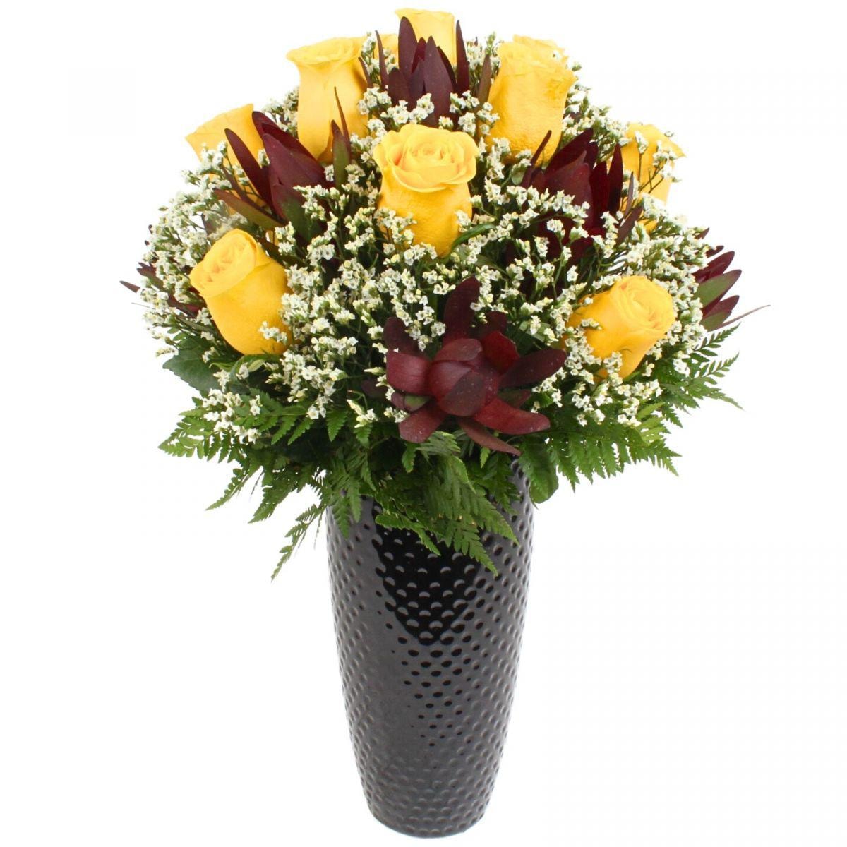 María Rosas Amarillo en cerámica - Arreglo floral con 13 rosas amarillas, leucadendro y limonium - Imagen 1
