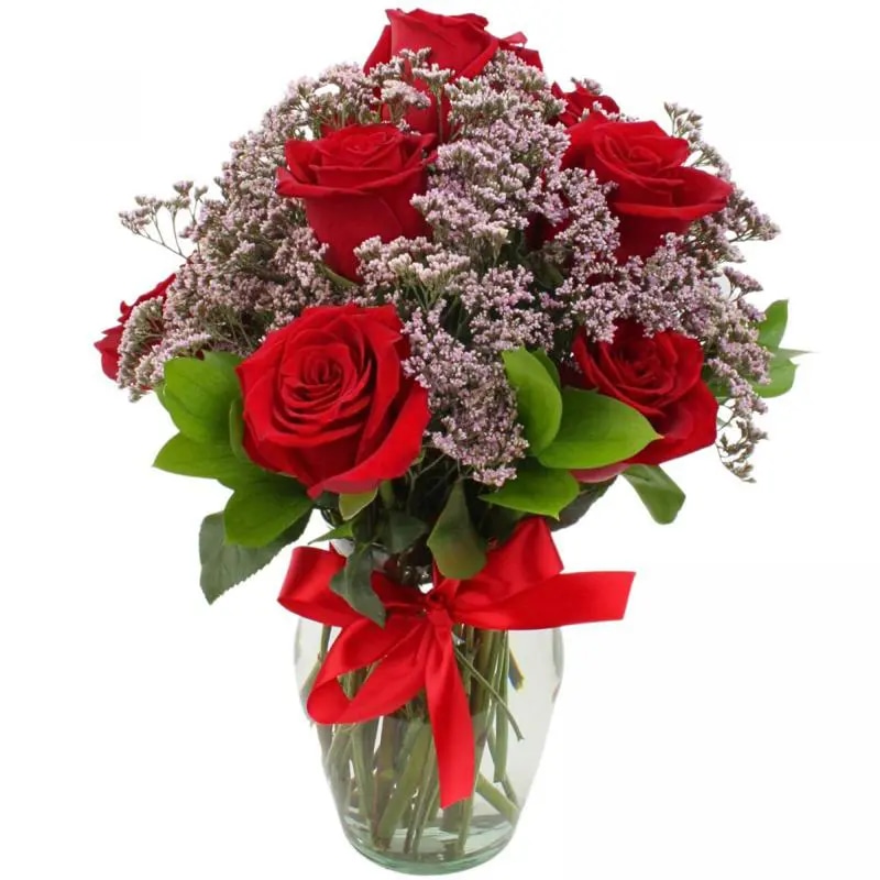 Julieta en Ánfora - Florero con 10 rosas rojo y limonium