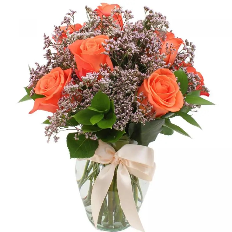 Julieta en Ánfora - Florero con 10 rosas naranjo y limonium