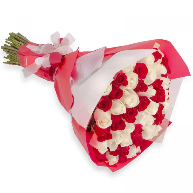 Amparo en Ramo - Ramo redondo con 50 rosas blanco y rojo