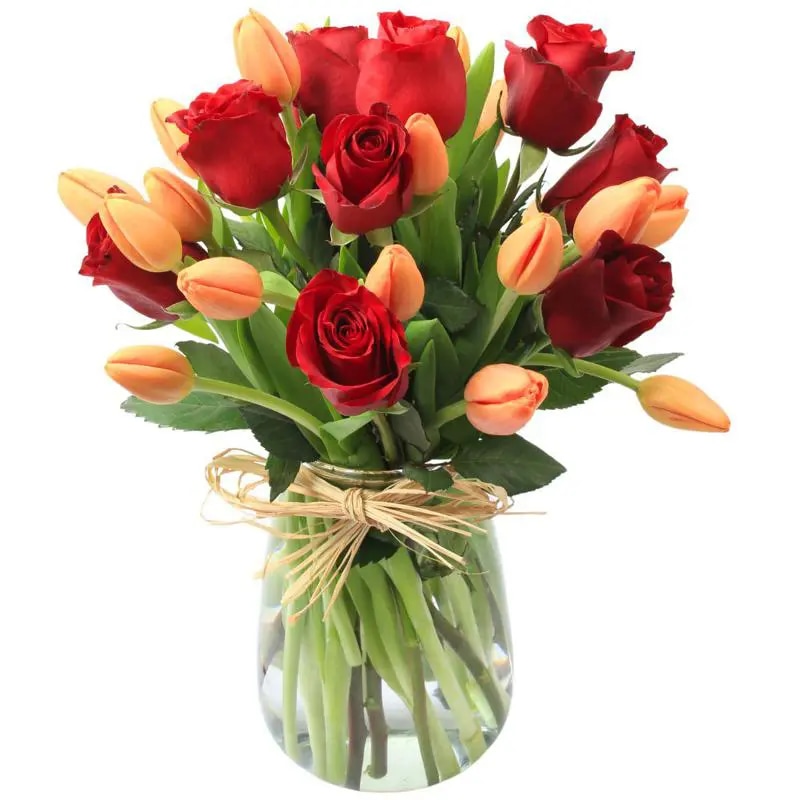 Elena Rojo Damasco - Florero con rosas rojo y tulipanes damasco