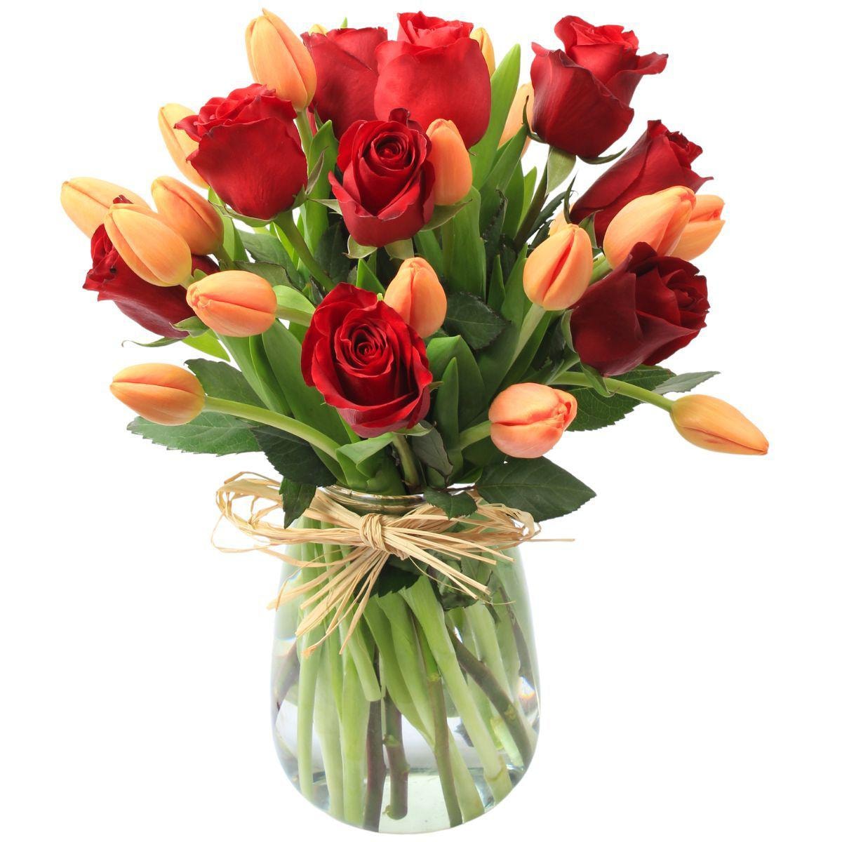 Elena Rojo Damasco - Florero con rosas rojo y tulipanes damasco - Imagen 1