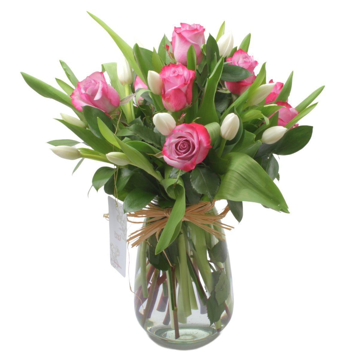 Elena Lila Blanco - Florero con rosas lila y tulipanes blanco - Imagen 2