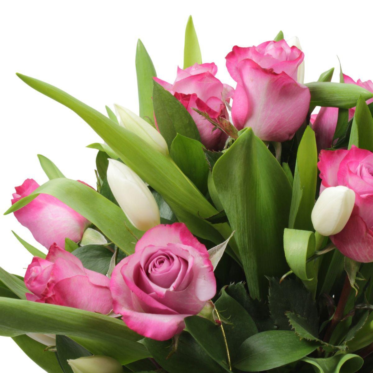 Elena Lila Blanco - Florero con rosas lila y tulipanes blanco - Imagen 4