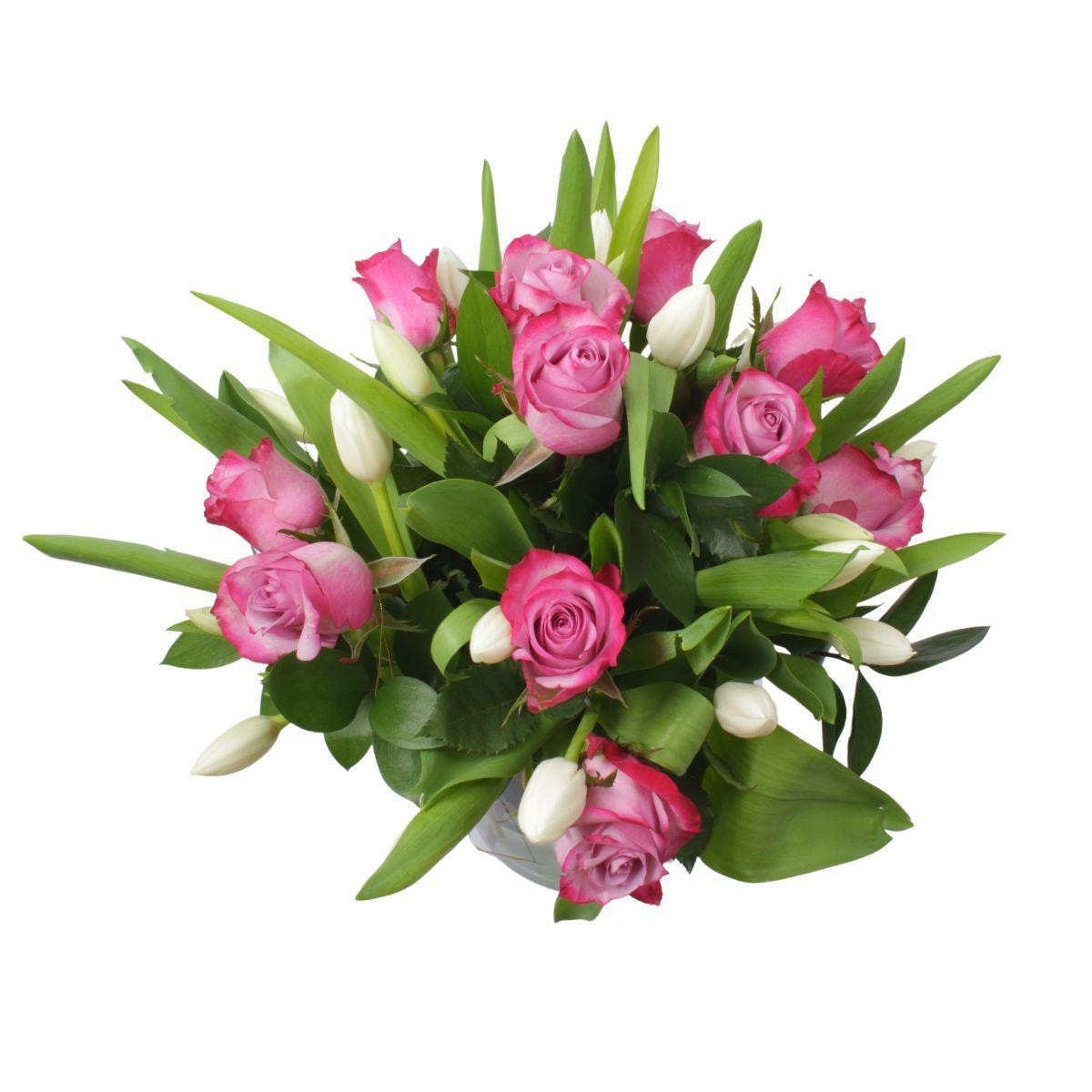 Elena Lila Blanco - Florero con rosas lila y tulipanes blanco - Imagen 5