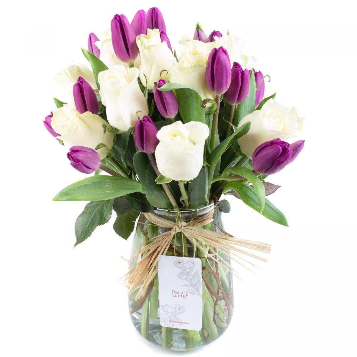 Elena Blanco Morado - Florero con rosas blanco y tulipanes morado - Imagen 1