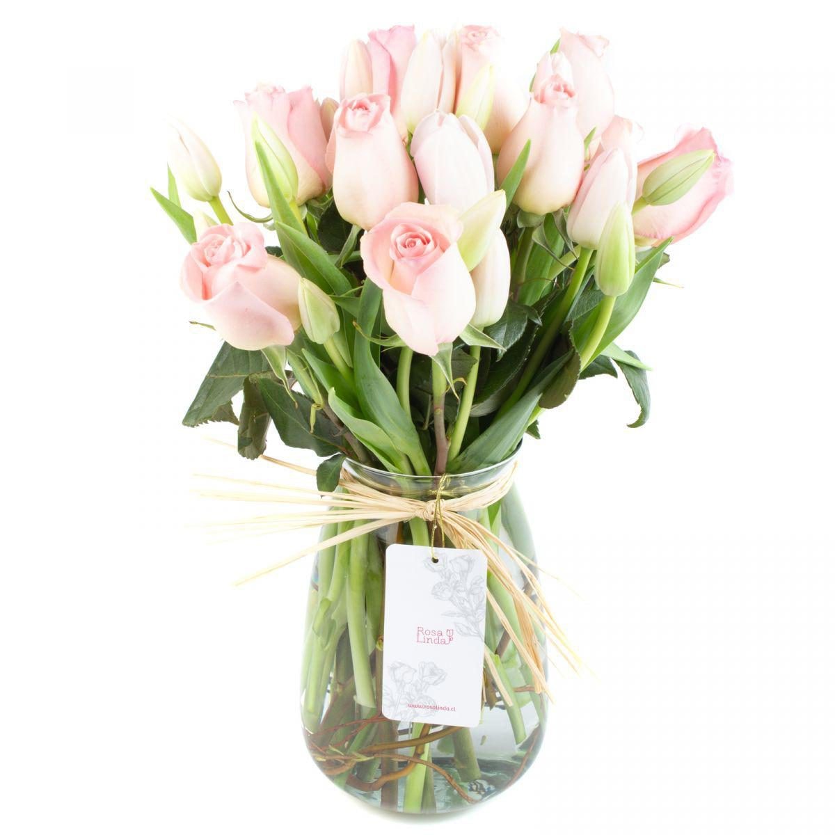 Elena Rosado Blanco - Florero con rosas rosado y tulipanes blanco - Imagen 1