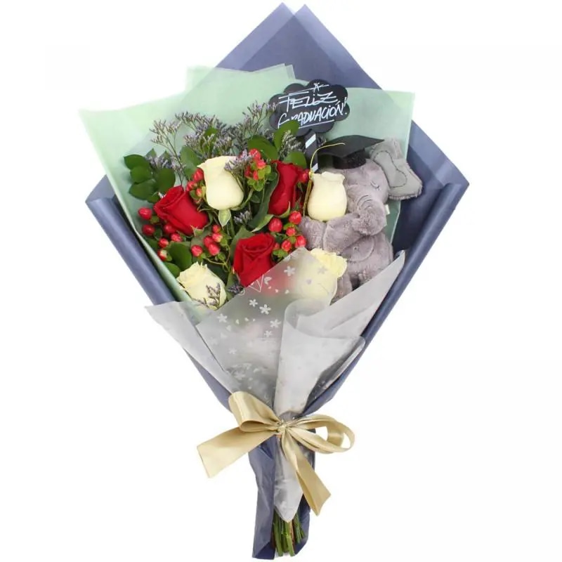 Ramo Flores de Éxito - Ramo de flores para graduación con rosas rojas y rosas blancas, peluche de elefante y pizarra