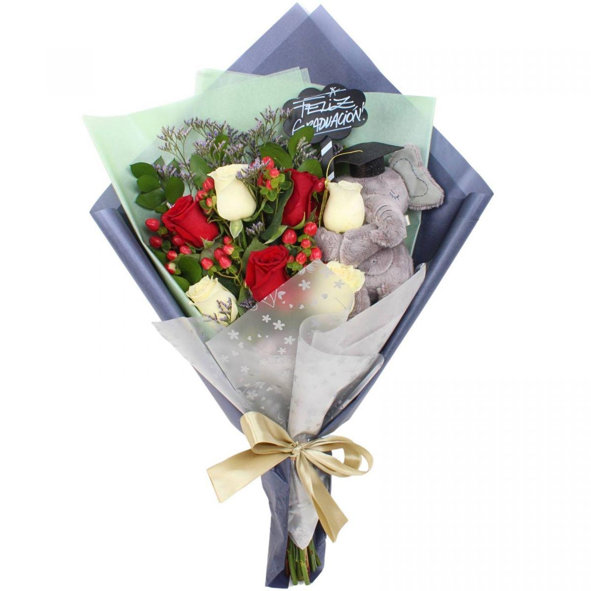 Ramo Flores de Éxito - Ramo de flores para graduación con rosas rojas y rosas blancas, peluche de elefante y pizarra - Imagen 1