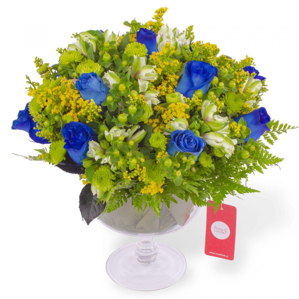 Antonella Azul en florero- Rosas azules, astromelias blancas, maules verdes - Imagen 1
