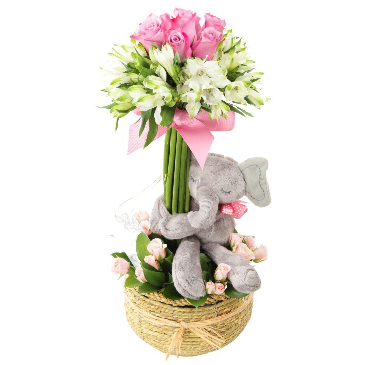 Arbolito con peluche elefantita - Arreglo floral con rosas, astromelias y mini rosas rosadas - Imagen 1