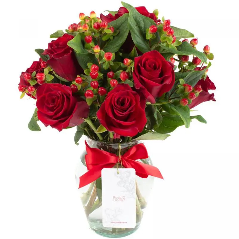 Pequeña Antonia Rojo - Florero transparente con rosas e hypericum