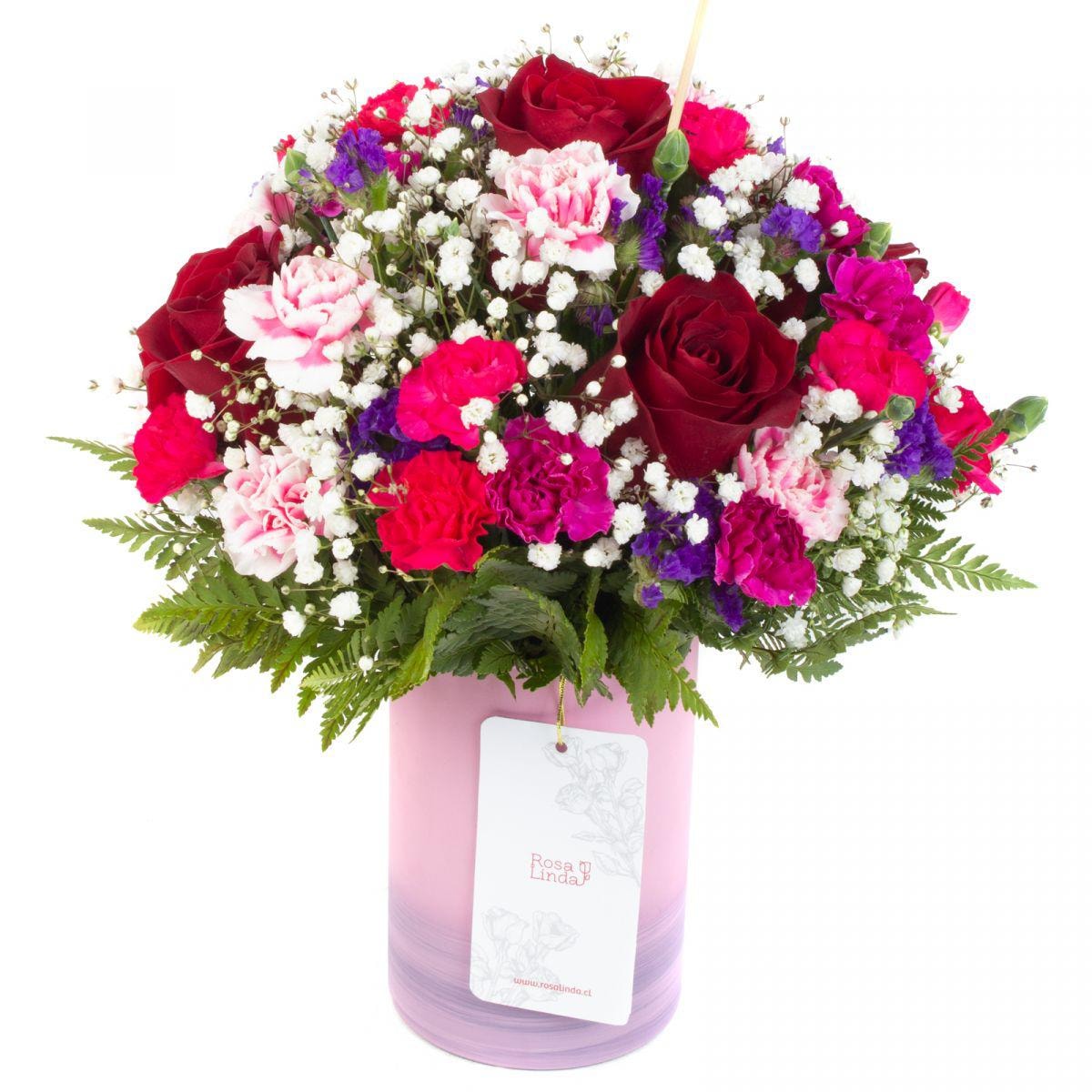 Colores de Frida Fucsia - Florero rosado con rosas, claveles, estate y gypsophila - Imagen 1