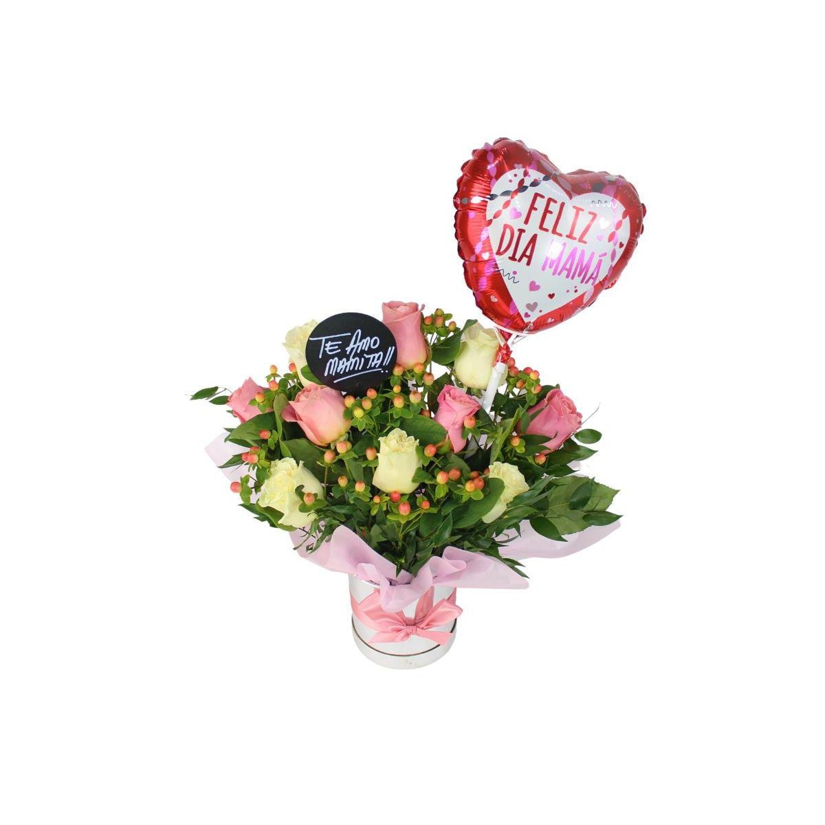 Dulce Madre Blanco Rosado - Arreglo floral con rosas, hypericum y globo Feliz Día mamá - Imagen 1