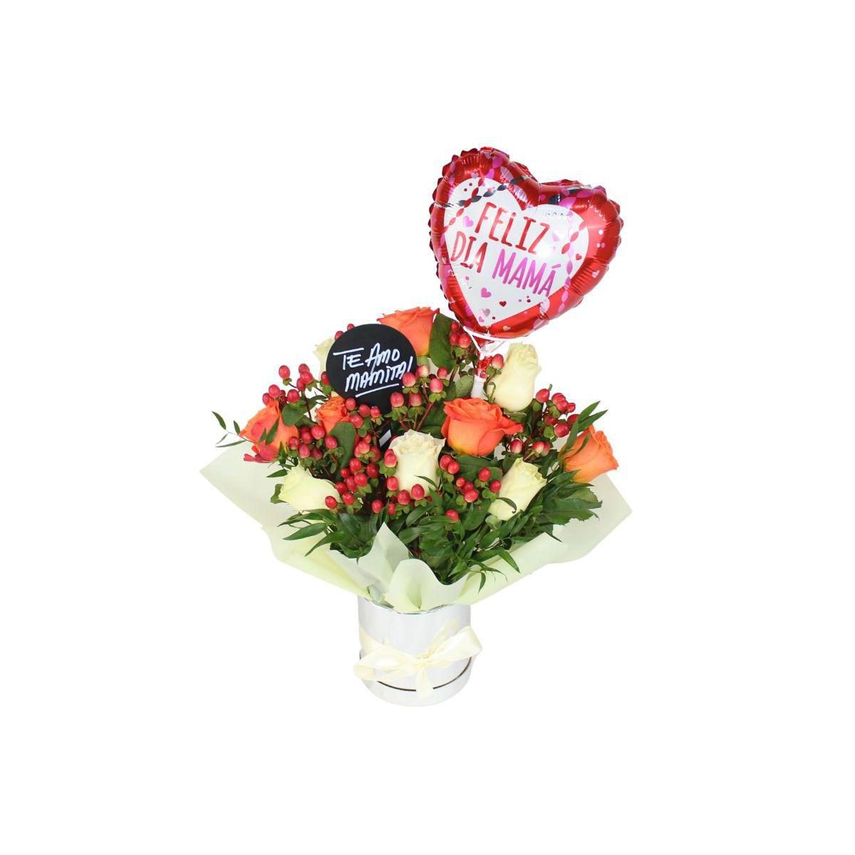Dulce Madre Blanco Naranjo - Arreglo floral con rosas, hypericum y globo Feliz Día mamá - Imagen 1