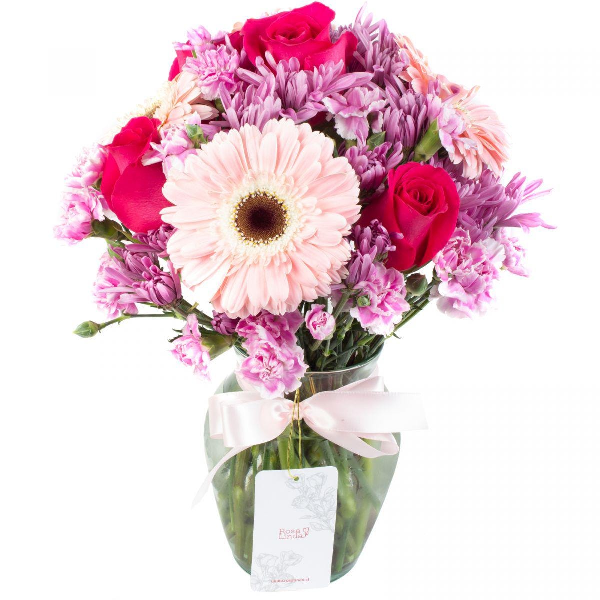 Brisa de primavera rosado - Florero transparente con gerberas, rosas yclaveles - Imagen 1