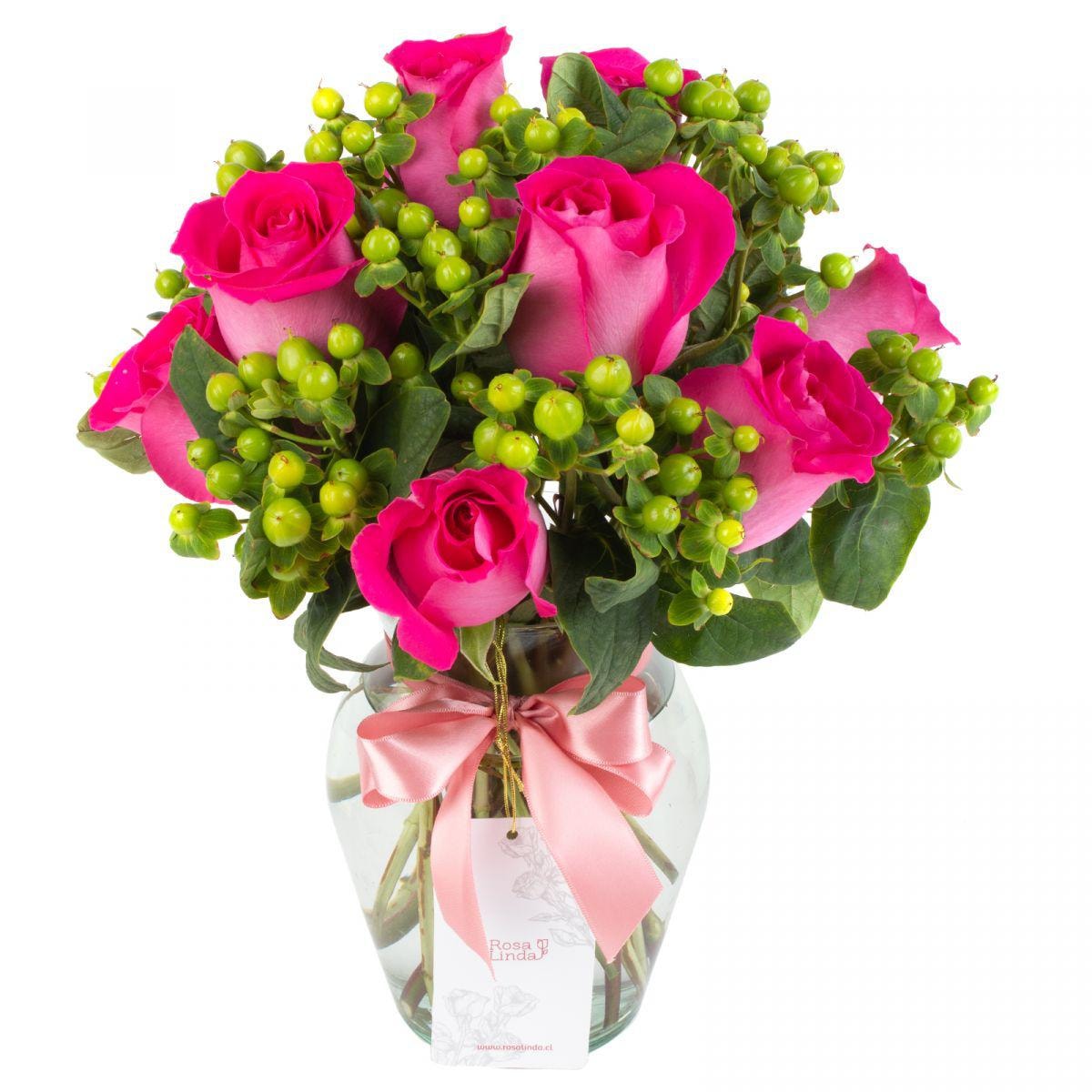 Pequeña Antonia Fucsia - Florero transparente con rosas e hypericum - Imagen 1
