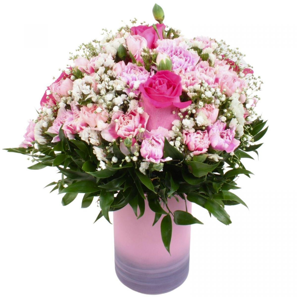 Colores de Frida Fucsia en Florero - Florero rosado con rosas, claveles, estate y gypsophila - Imagen 1