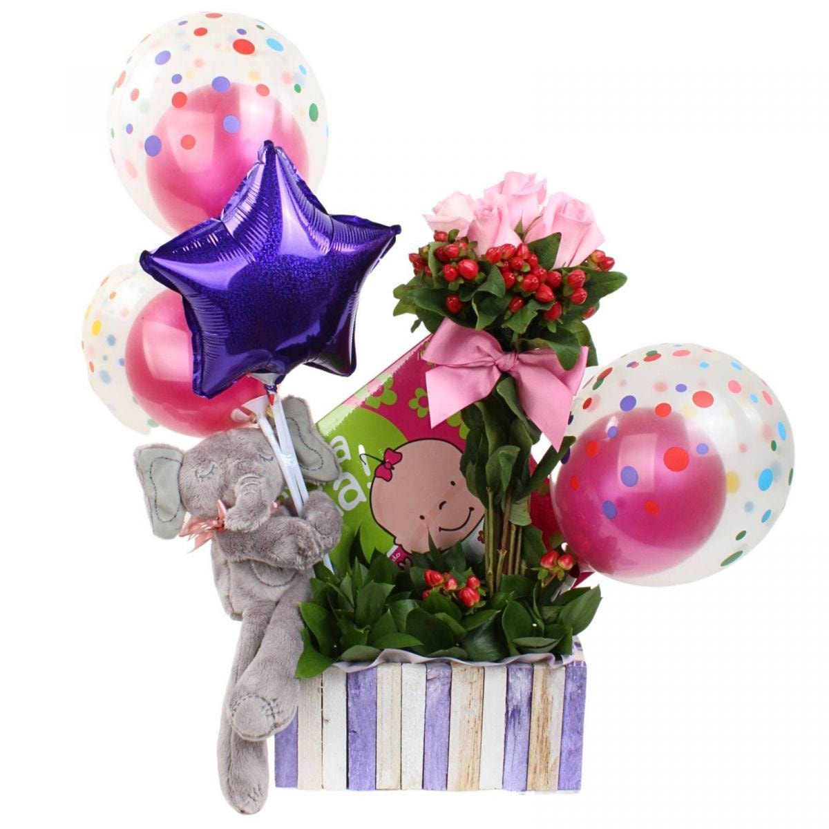 Sorpresa para bebé Rosado - Arreglo floral con peluche, libro, globos y rosas en tonos morados y rosados - Imagen 1