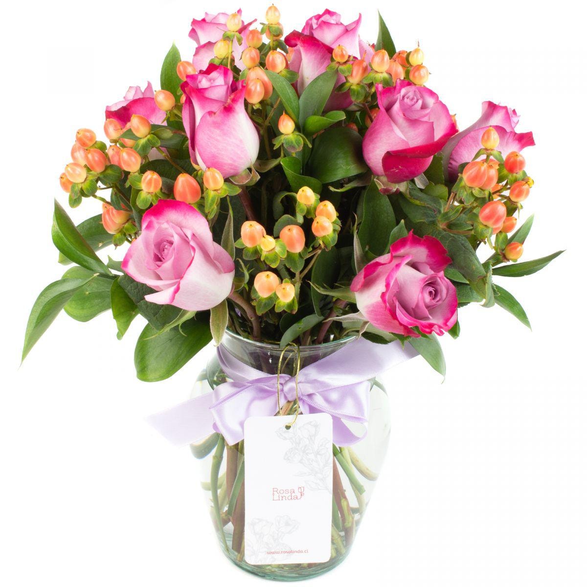 Pequeña Antonia Lila - Florero transparente con 9 rosas e hypericum - Imagen 1