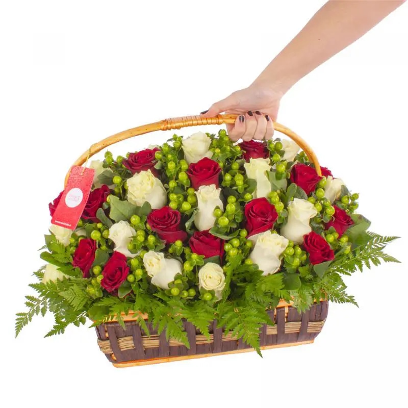 Maite - Arreglo floral en canasto con mix 50 rosas blanco/rojo e hypericum verde
