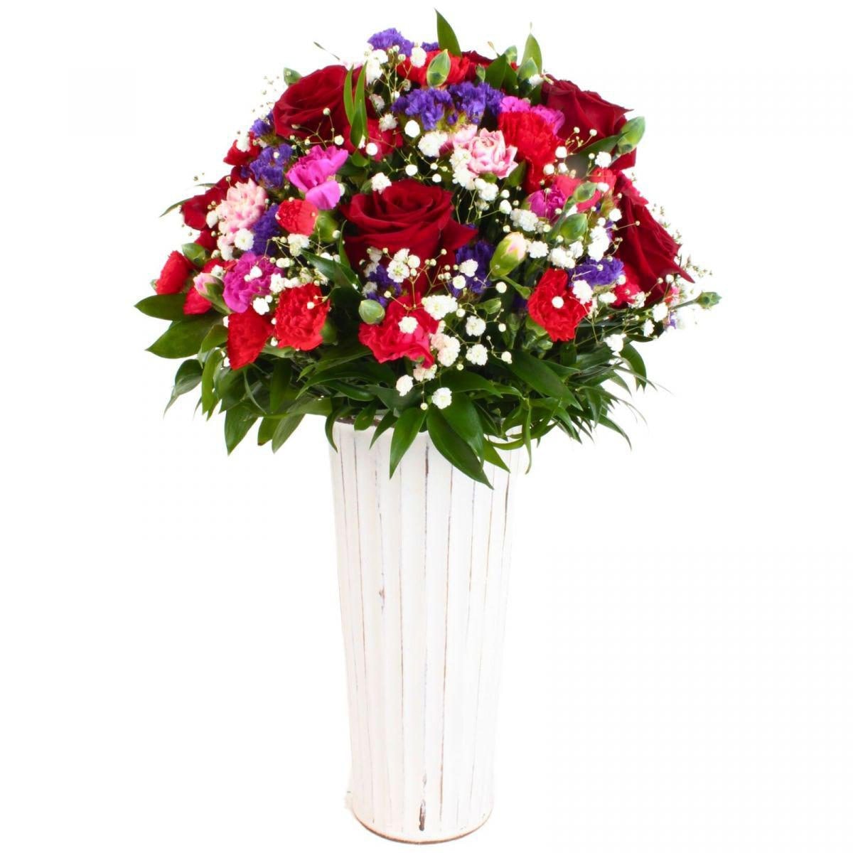 Colores de Frida Fucsia en Columna - ceramica con rosas claveles, statice y gypsophilia - Imagen 1